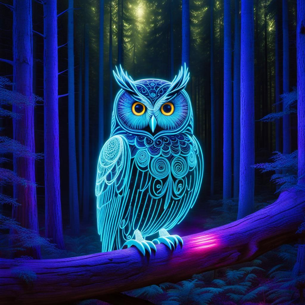 Bioluminescent Owl in Mystical Glowing Forest