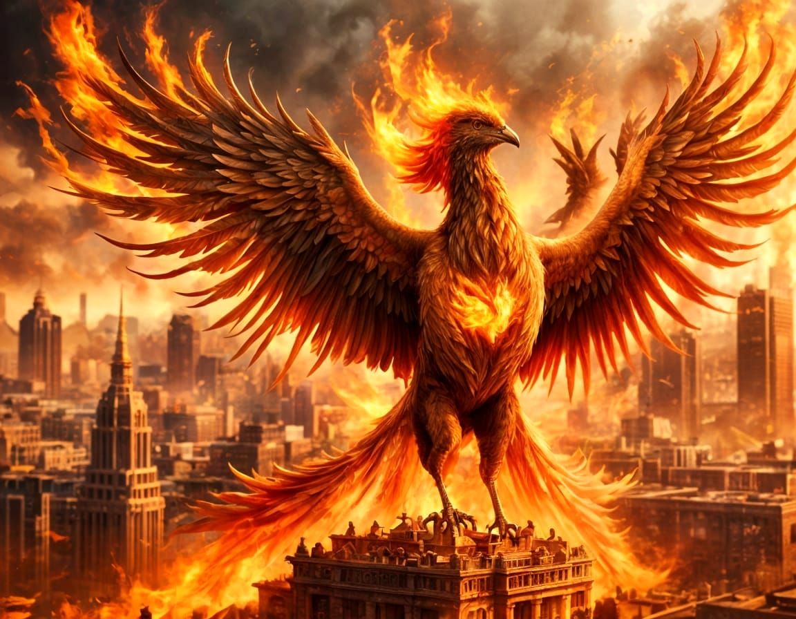 Epic Digital Phoenix Descends Upon a Burning Metropolis