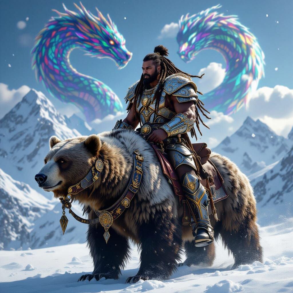 Tribal Warrior Rides Polar Bear Through Snowy Peaks