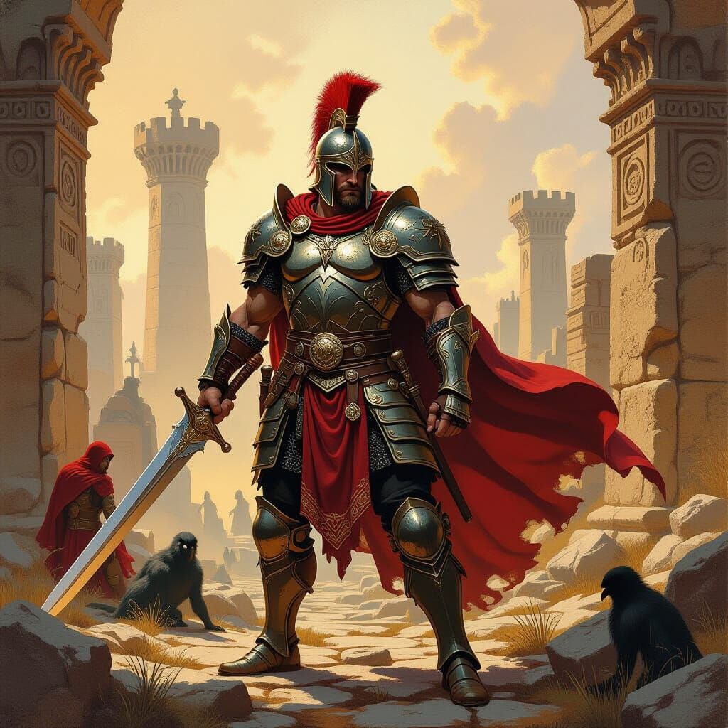 Heroic Warrior in Mystical Realm, Oil Painting Style