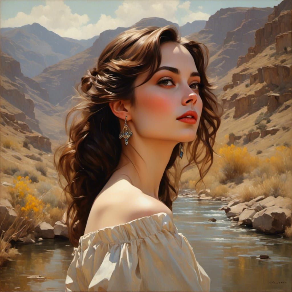 Beautiful Brunette Gazing Upward by a Stream