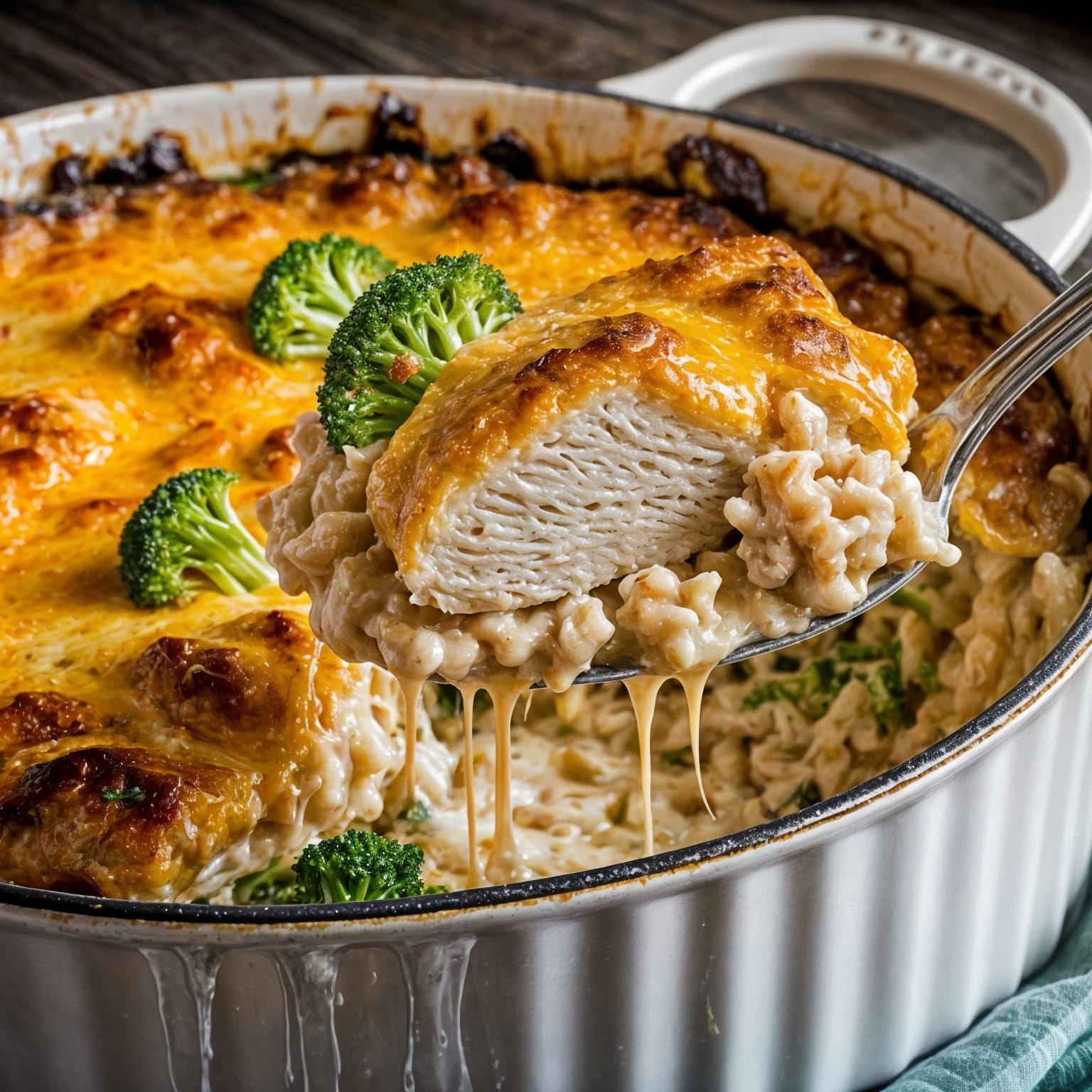 Glossy Chicken Broccoli Casserole in Rustic White Dish