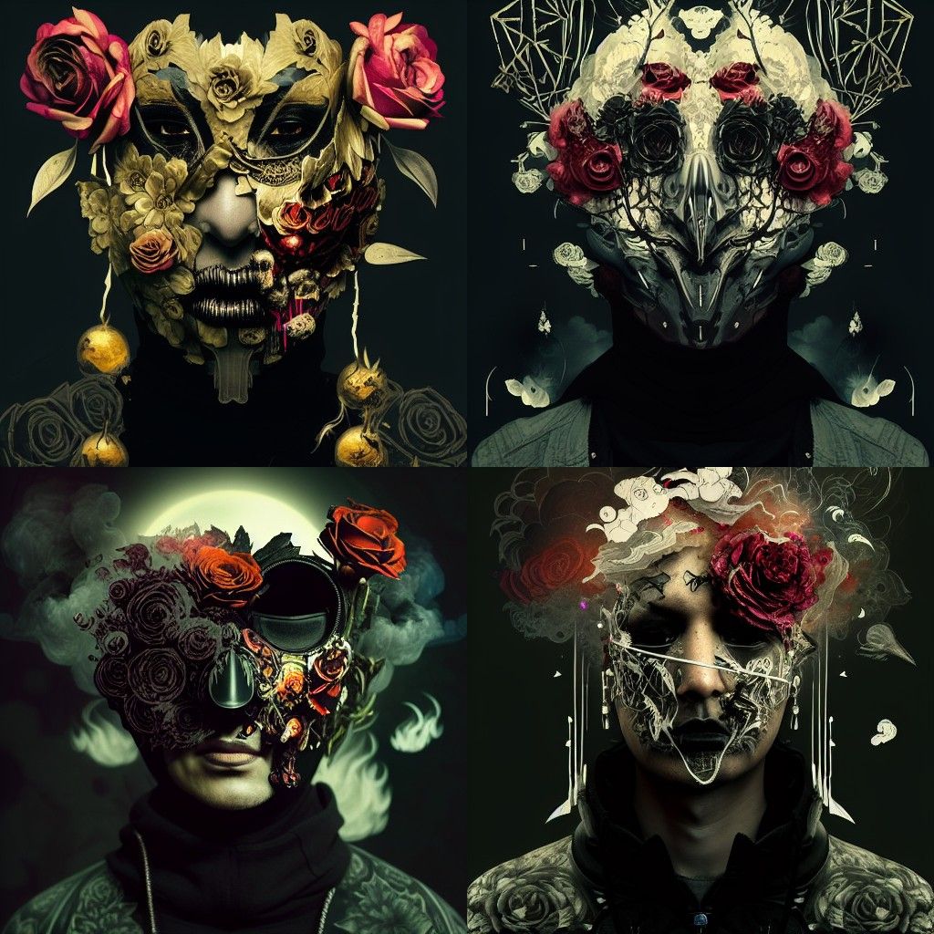 Intricate Raven Mask with Roses, Smoke, and Lightning