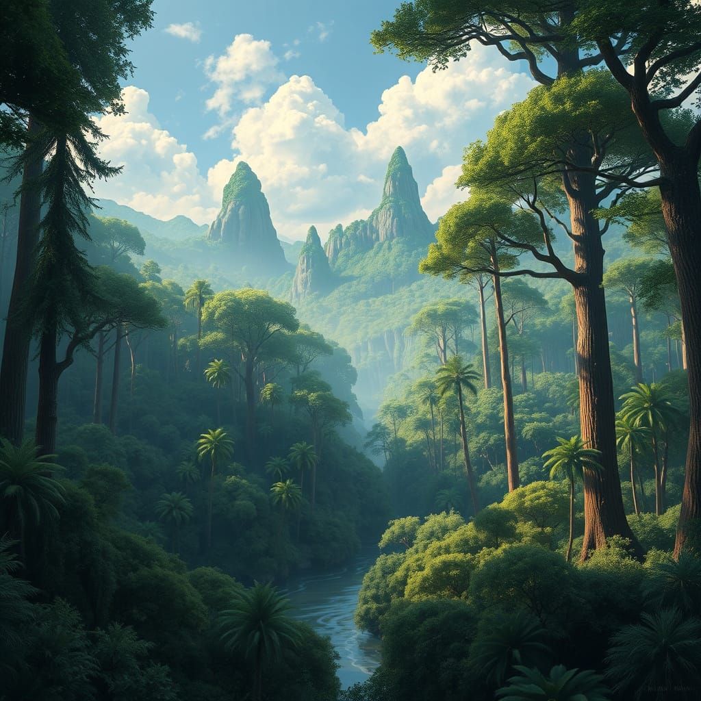 Lush Jurassic Forest in Digital Paleo-Art Style