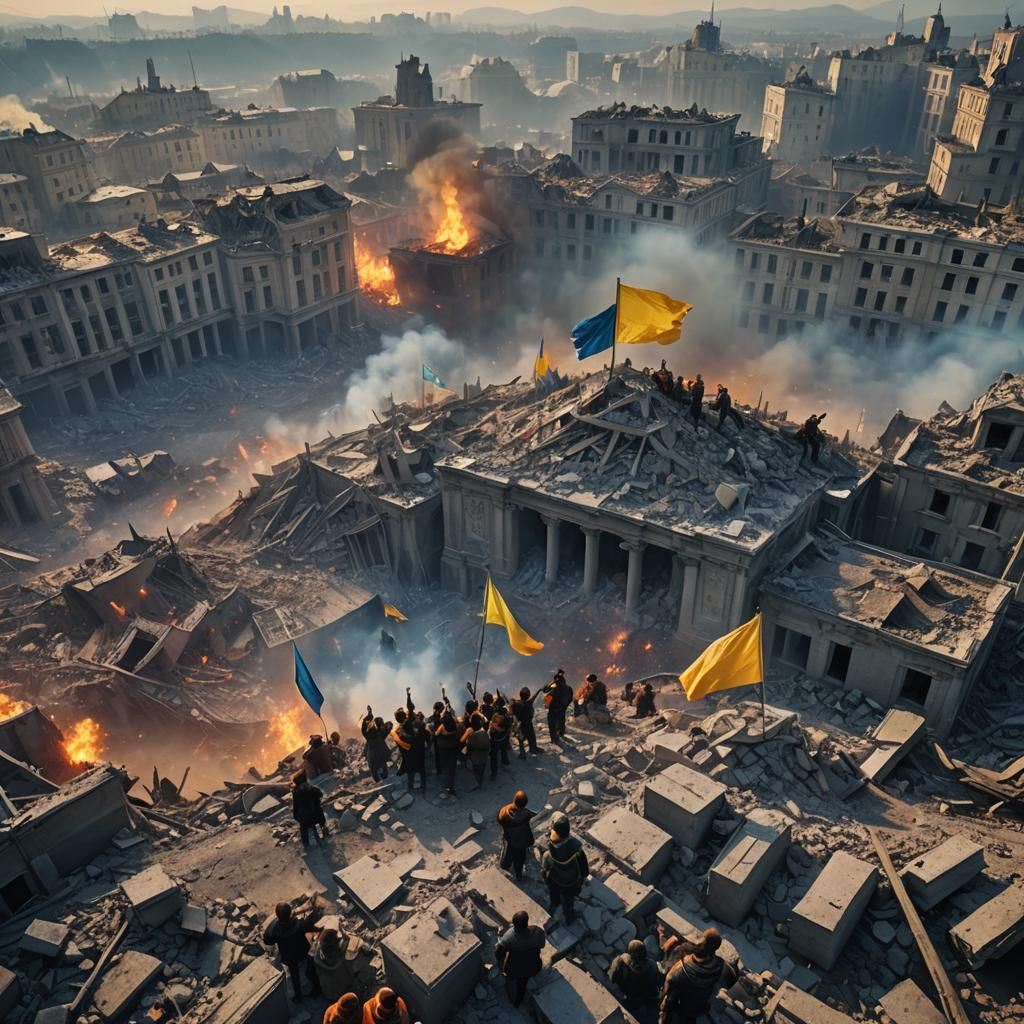 Ukrainian Flag Raised Over Rubble, Matte Painting