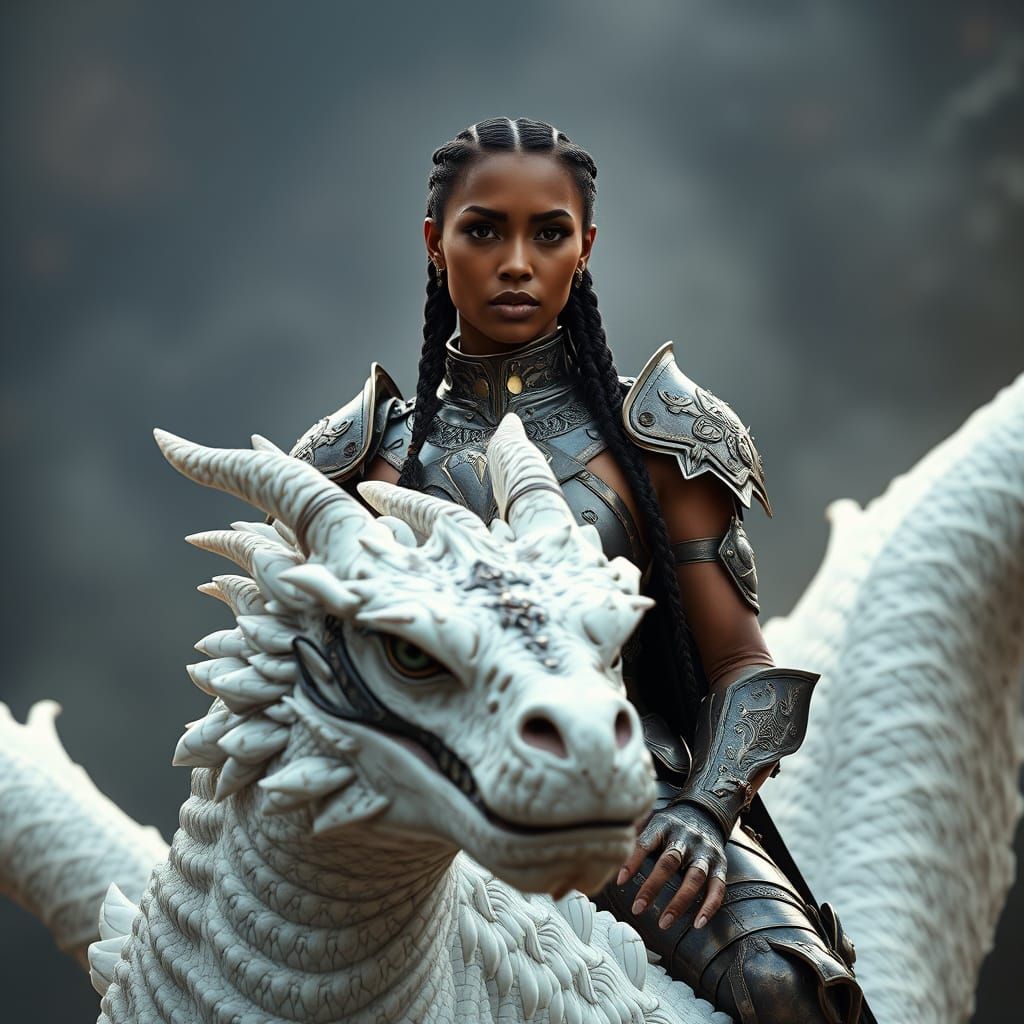 Elegant Brown Warrior Rides Majestic White Dragon