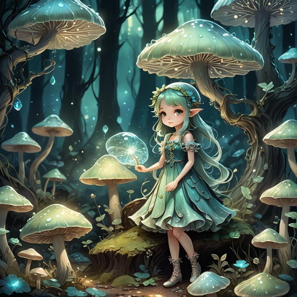 Chibi Fae Under Bioluminescent Mushroom, Fantasy Art