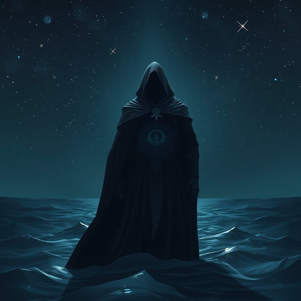 Mysterious Figure in Dark Cosmic Night, Weighted by Celestia...