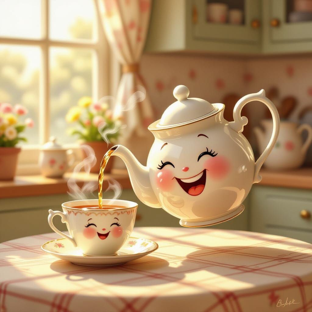 Cheerful Anthropomorphic Teapot Pours Tea in Warm Light