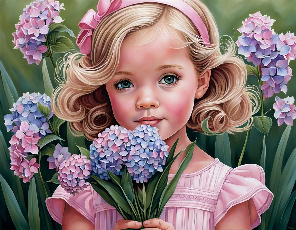 Adorable Girl with Hydrangeas: Dreamy Photorealistic Portrai...