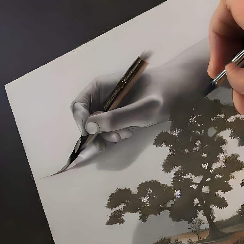 Photorealistic hands holding a brush is wondering how to draw a hand