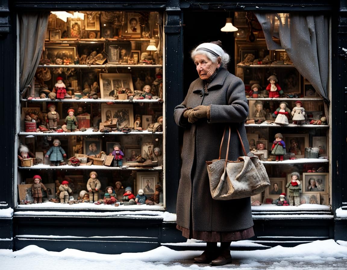 Snowy City Street: An Old Woman's Longing Gaze