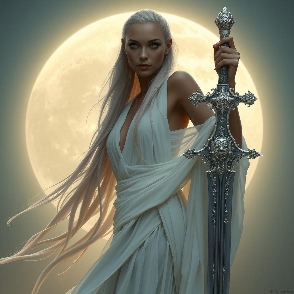 Moon Goddess with Silver Sword in Digital Matte Painting