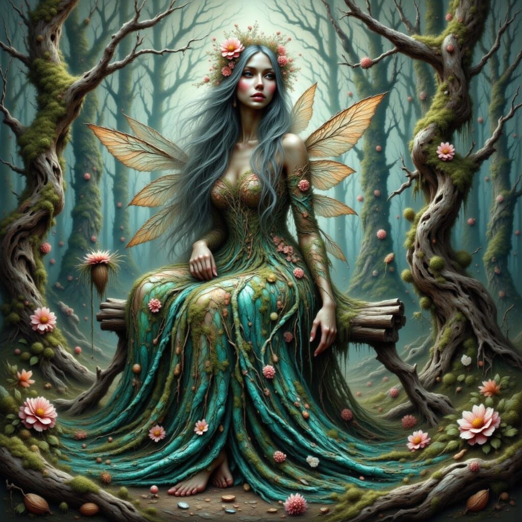 Forest Goddess with Emerald Hair in Art Nouveau Style