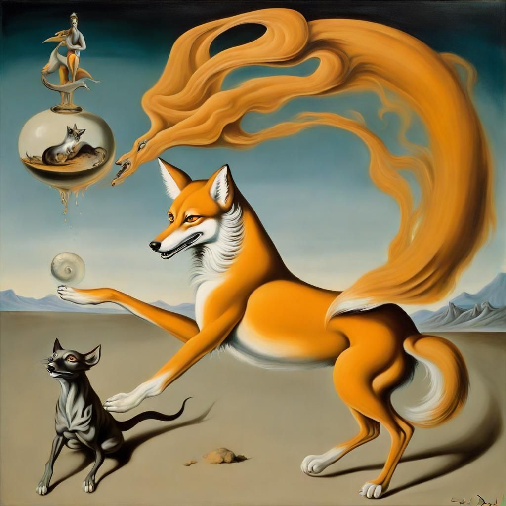 Surreal Kitsune and Greyhound Play, Salvador Dali Style