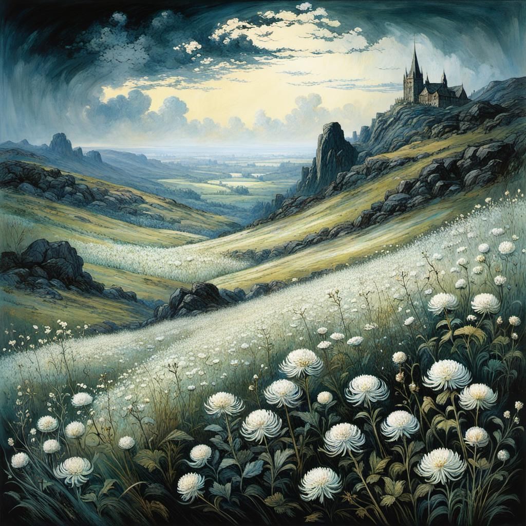 Blooming Meadow Landscape in Golden Age Style