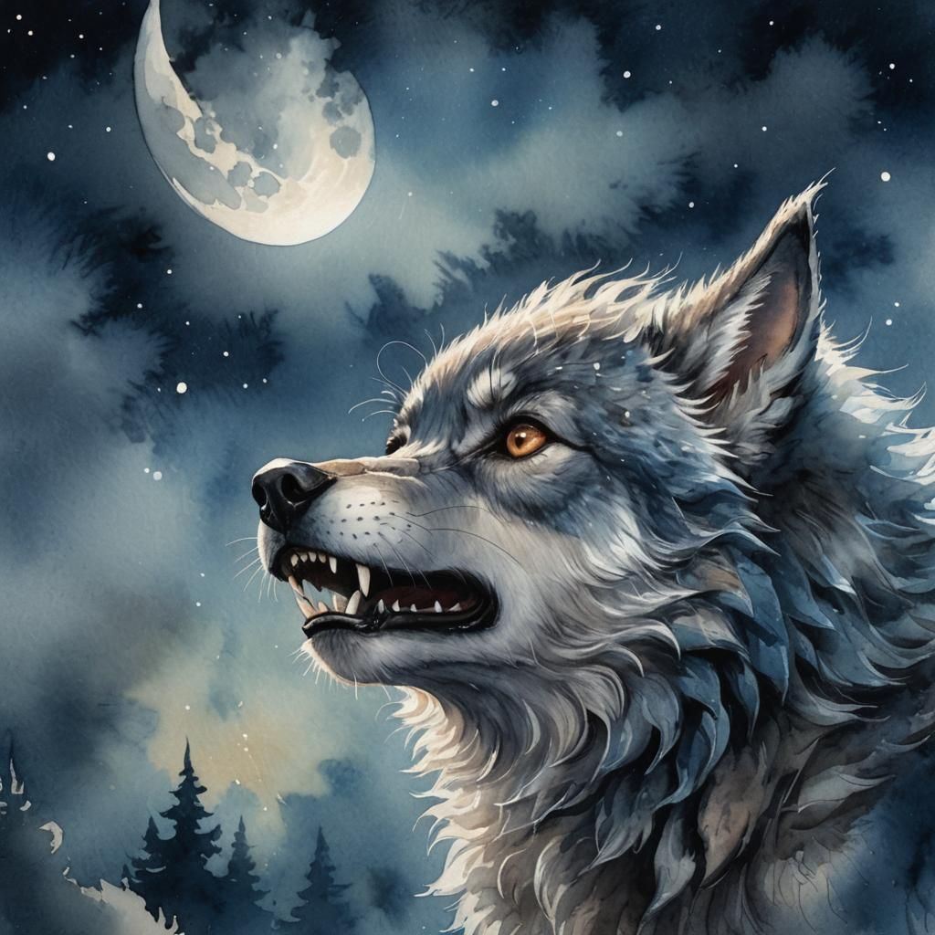 Cute Baby Werewolf Howling: Dreamy Watercolor Art