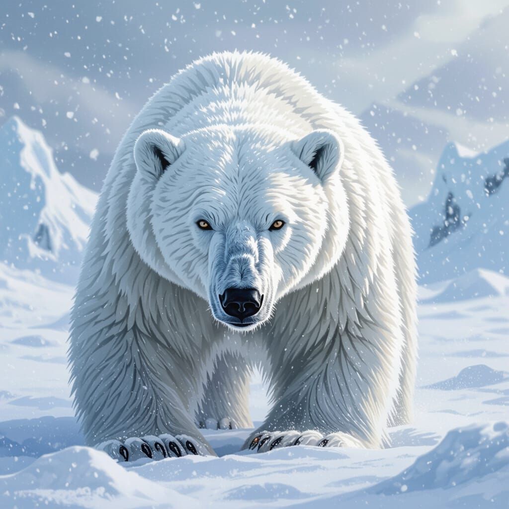 A polar bear trudges through a harsh, endless snowy landscap...