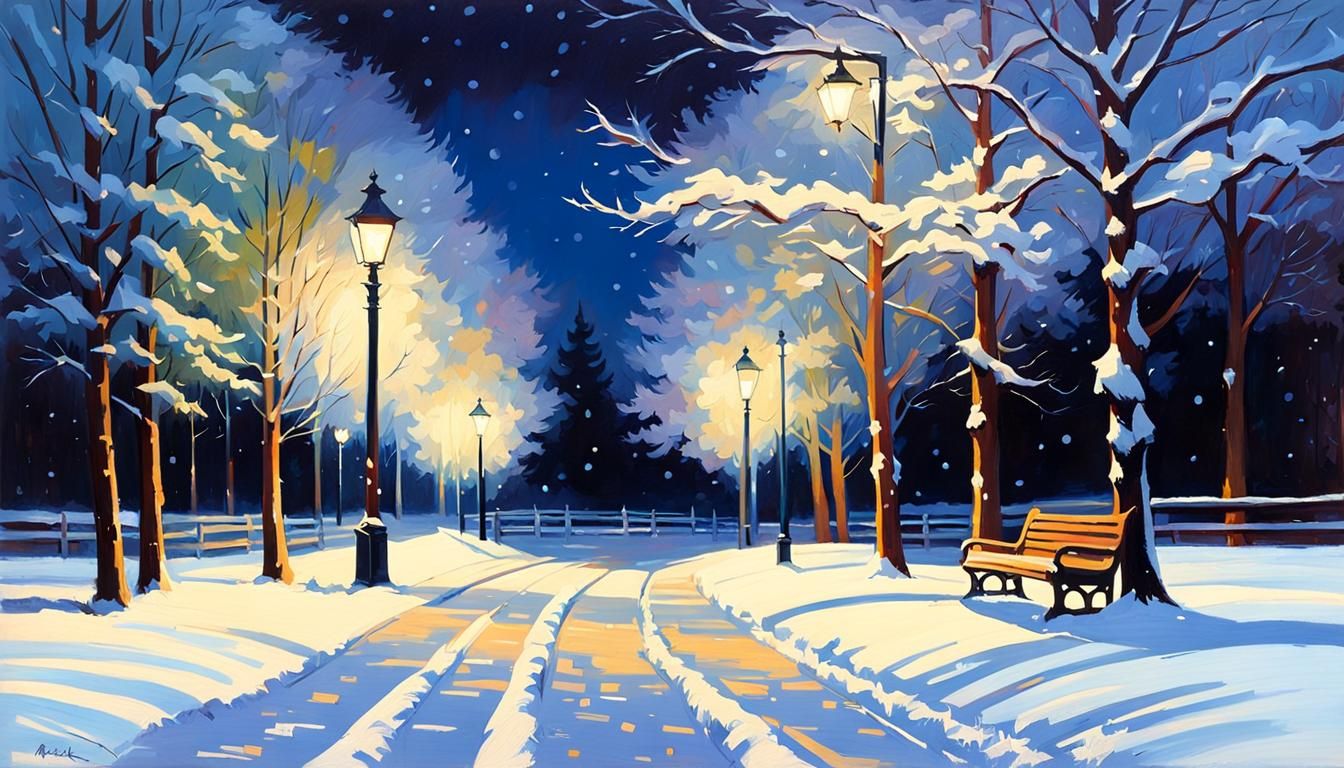 Snowy Night Park Bench in Impressionist Style
