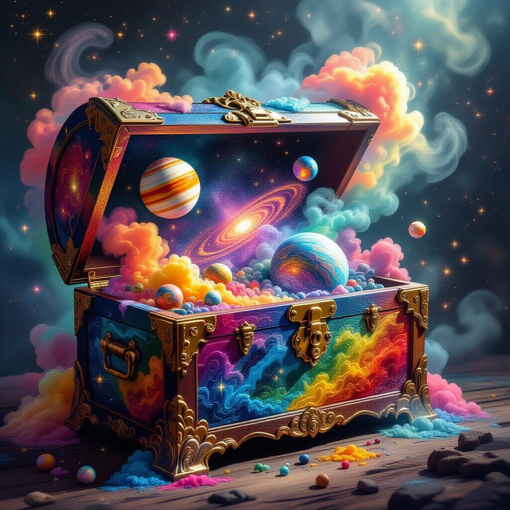 Antique Chest Spewing Rainbow Paint and Cosmic Smoke