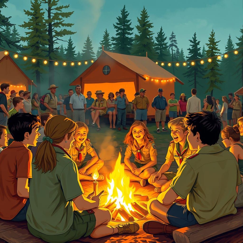 Scouts Gather by Cozy Campfire, Summer Camp, Camp Durant