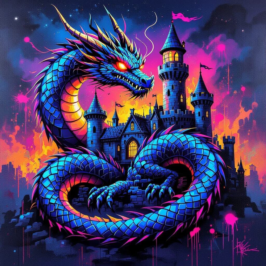 Graffiti Dragon Coiled Around Castle in Neon Night Sky