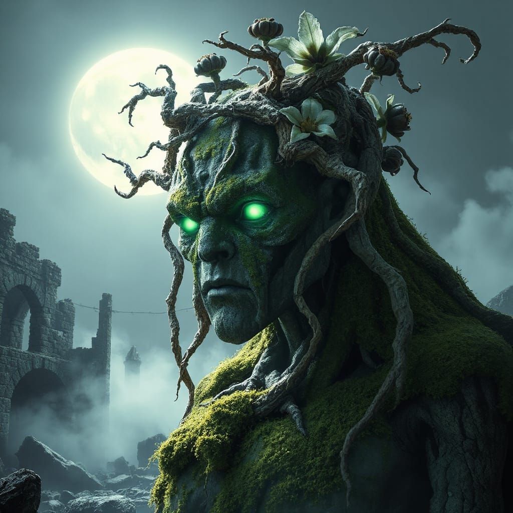 Ancient Golem Guardian with Root Crown in Moonlit Ruins