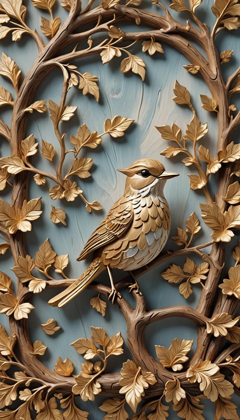 Baroque Wood Carving: Golden Mockingbird on Branch