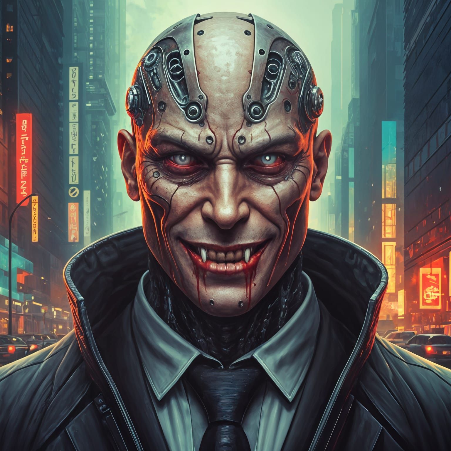 Cyborg Vampire Portrait in Cyberpunk Style