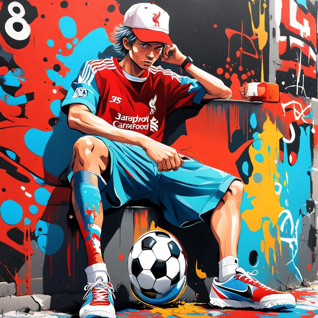 Boy in Liverpool Shirt: Graffiti Art Style
