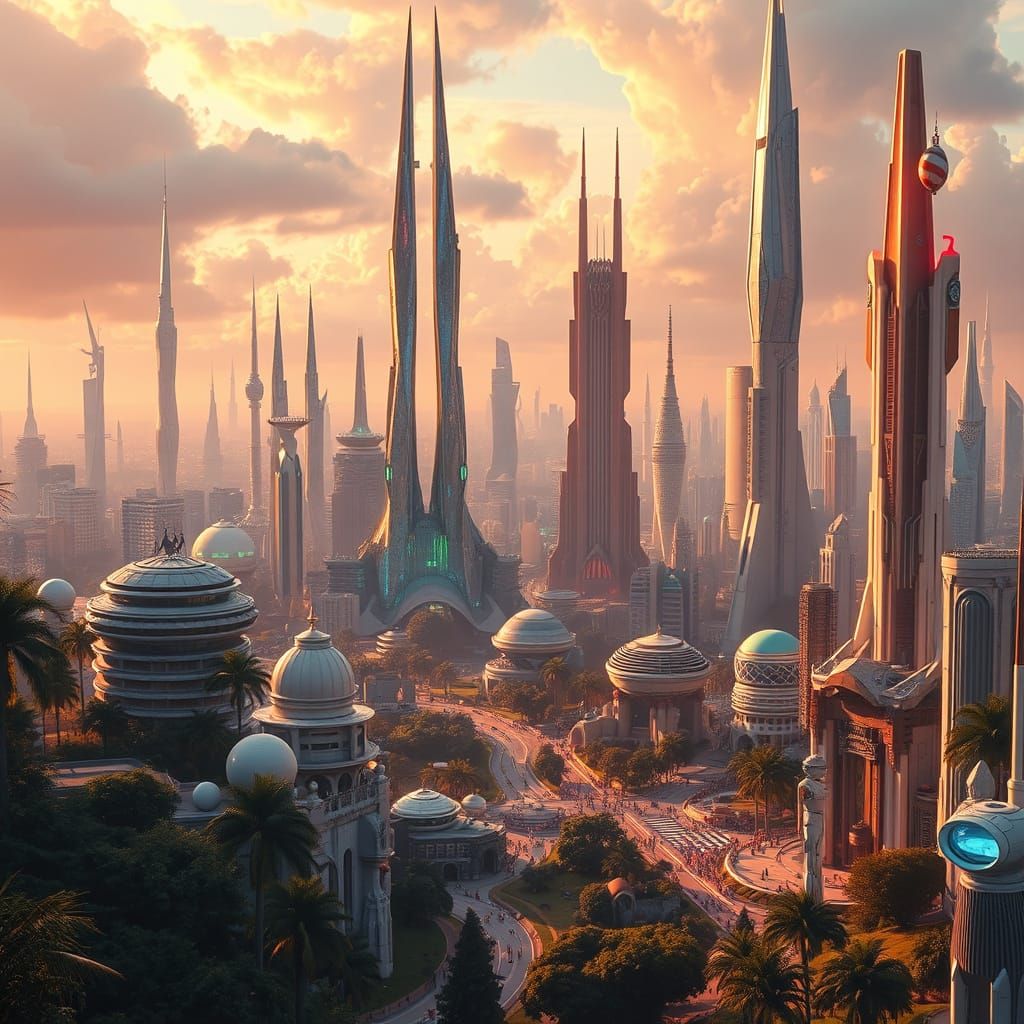Golden Age Metropolis Shines with Crystal Spires and Harmony