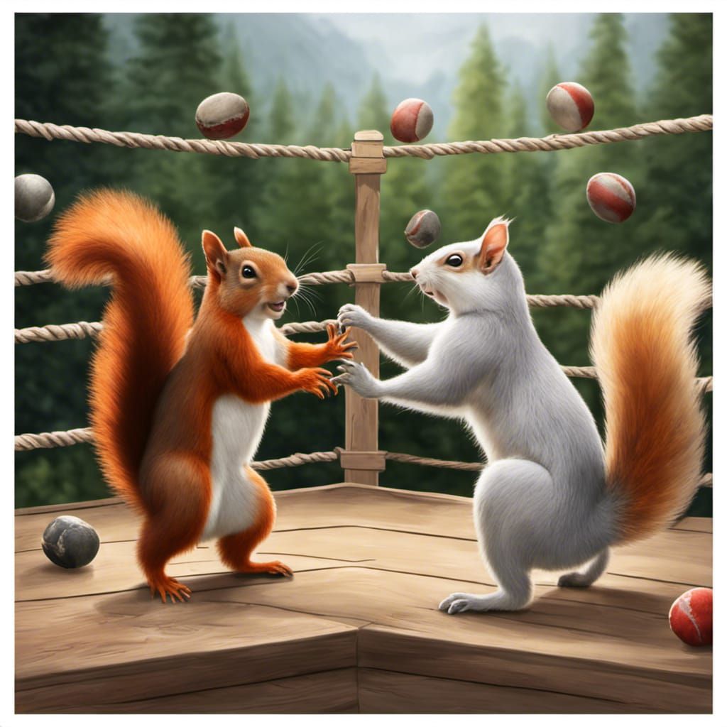 An albino and red squirrel fighting over nuts