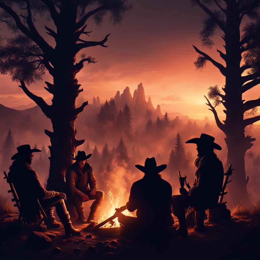 Cowboys Campfire Silhouette: Detailed Matte Painting