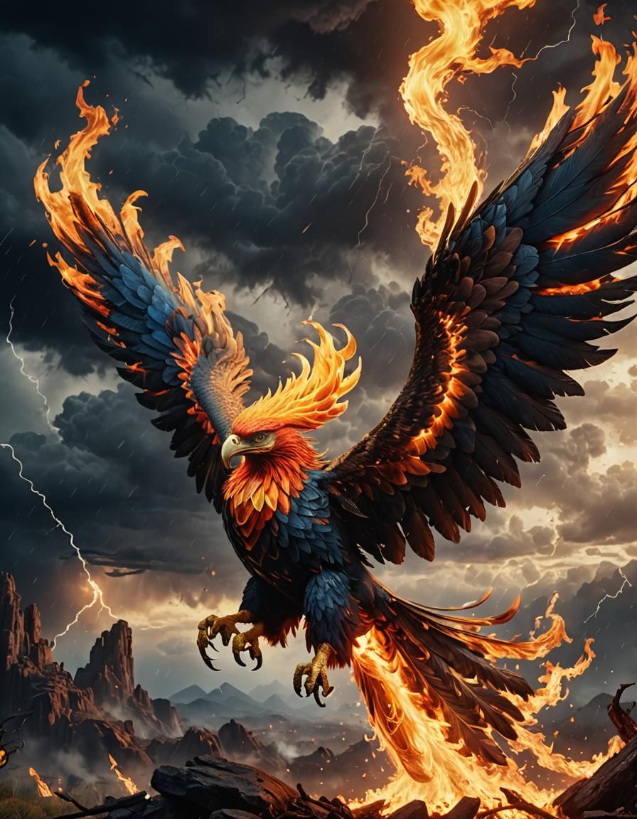 Majestic Flaming Phoenix Soaring Through Stormy Sky