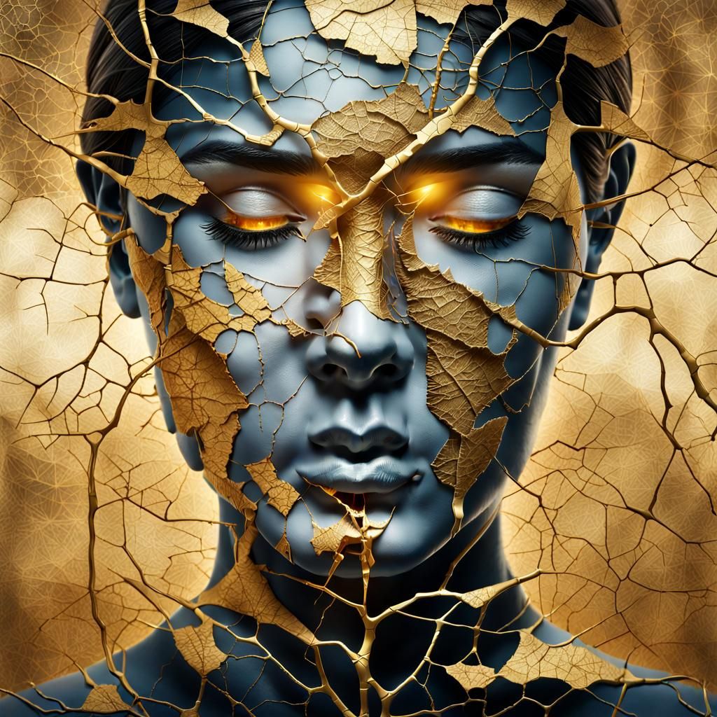 Kintsugi Face: Golden Repair in Surreal Portrait