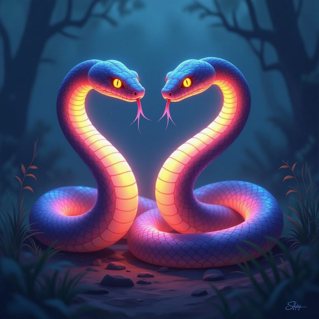 Ethereal Iridescent Snakes Glowing in Misty Darkness