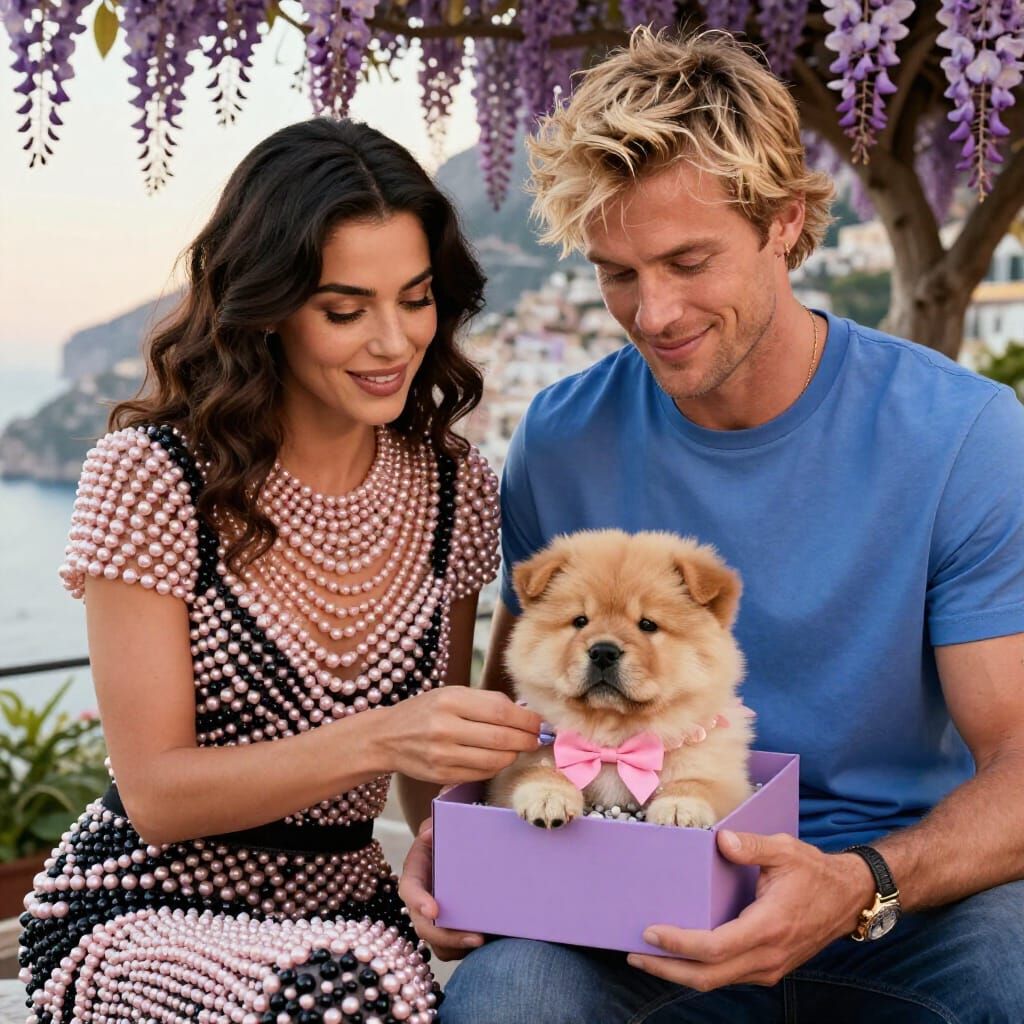 Couple with Puppy on Amalfi Coast in Golden Hour Glow