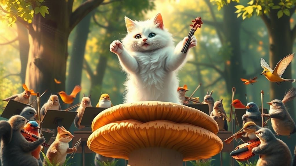 Fluffy Cat Conductor Leads Woodland Orchestra in Neo-Impress...