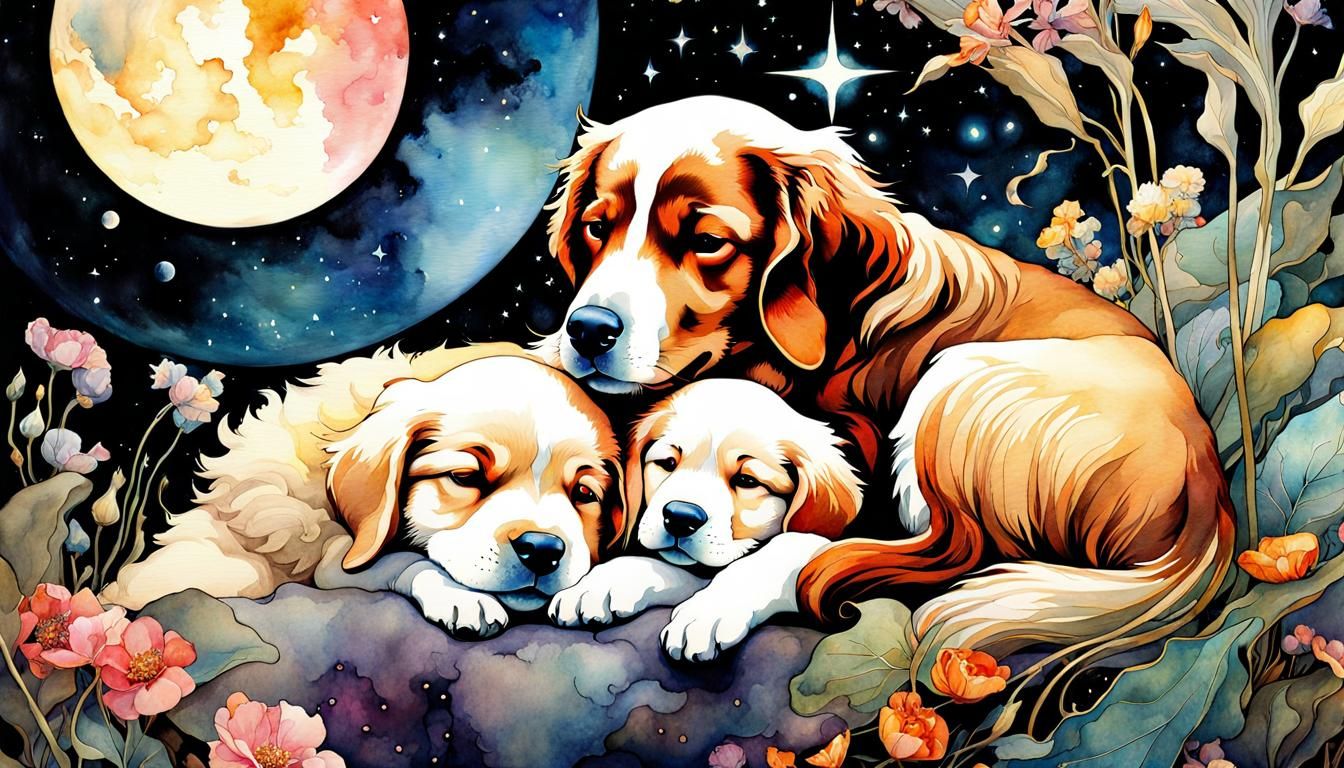 Art Nouveau Puppies Sleeping in Cosmic Nature