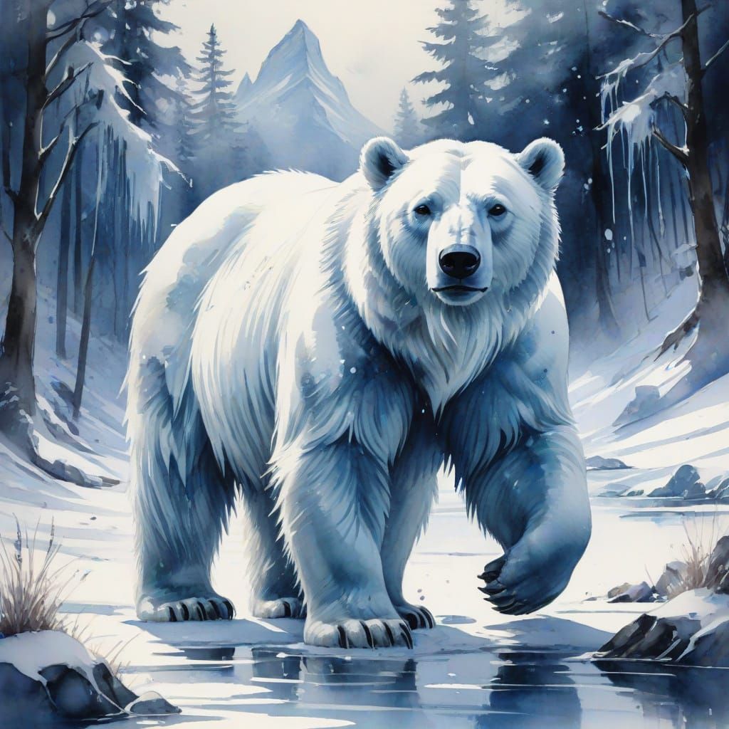 Ethereal Ice Castle in Polar Twilight as Majestic Polar Bear...