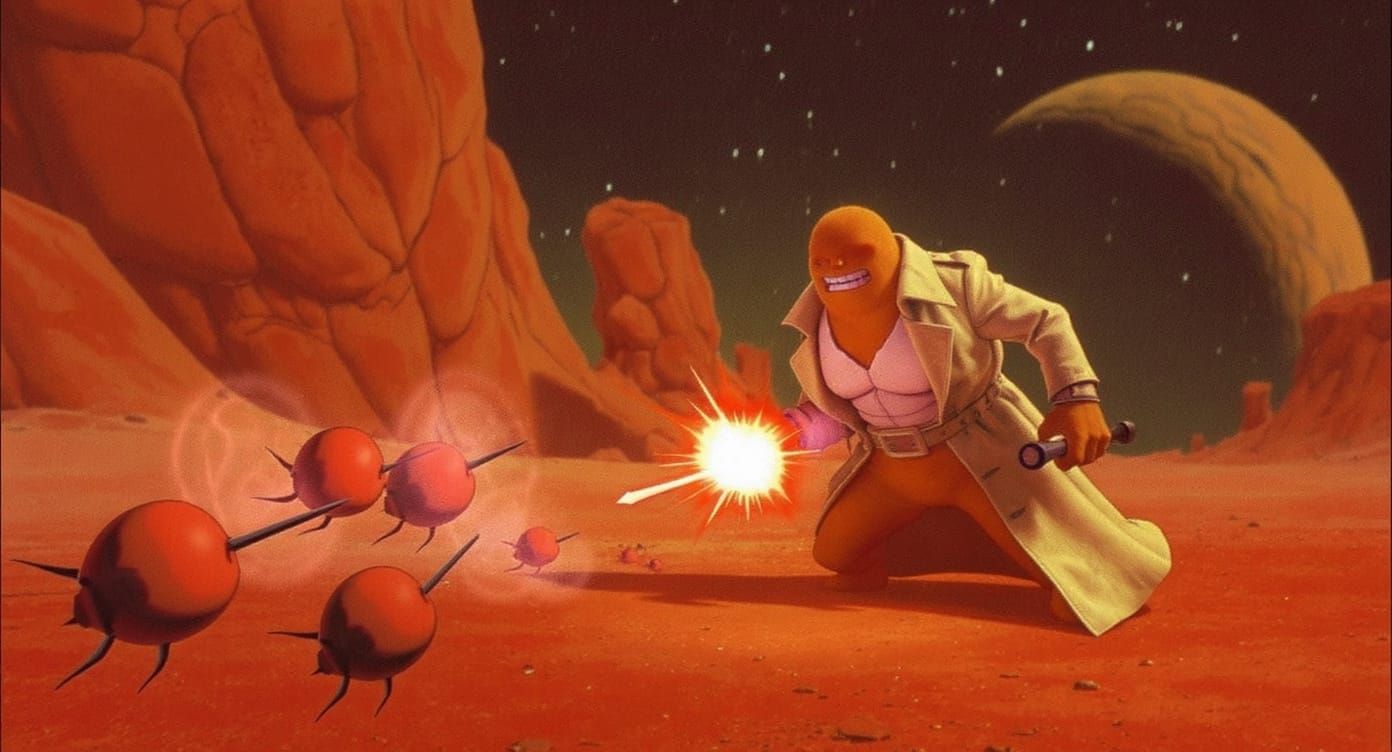 Orange Character Fights Cherry Bugs in Alien Desert