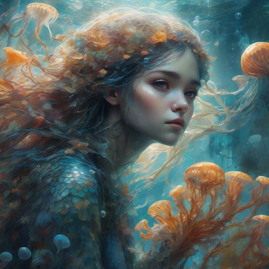 Detailed Mermaid Digital Painting with Jellyfish