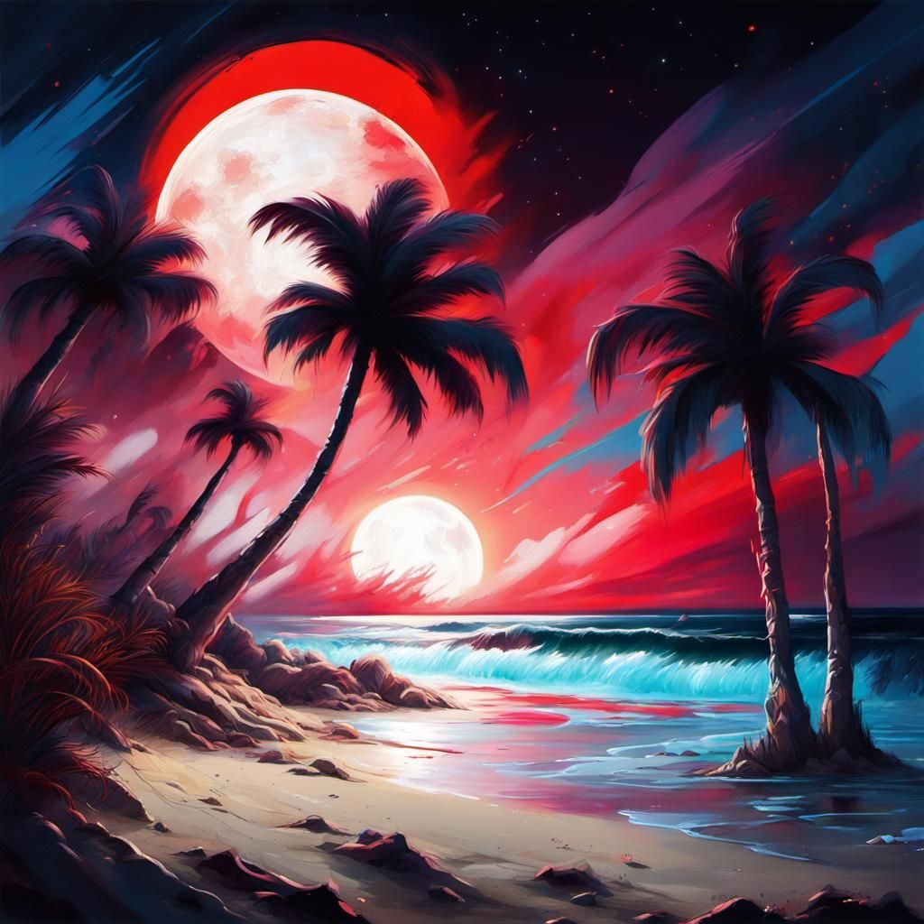 Glowing Red Ocean Under Polychromatic Moonlight
