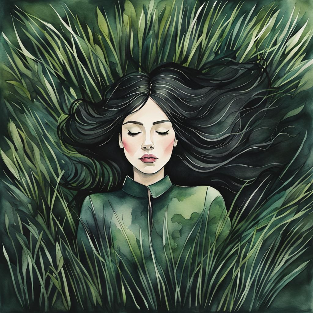 Girl Lying on Grass in Watercolor and Ink