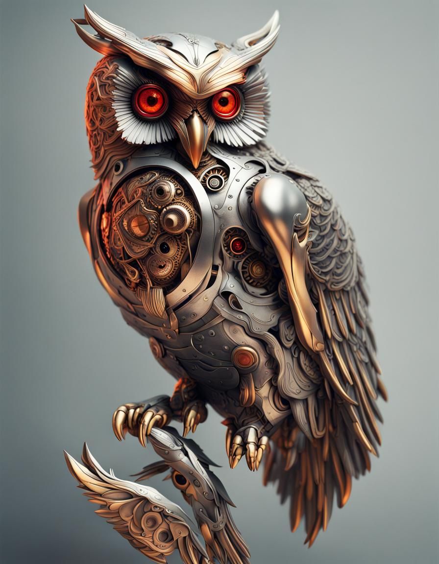 Intricate 3D Mechanical Owl in Gold and Silver