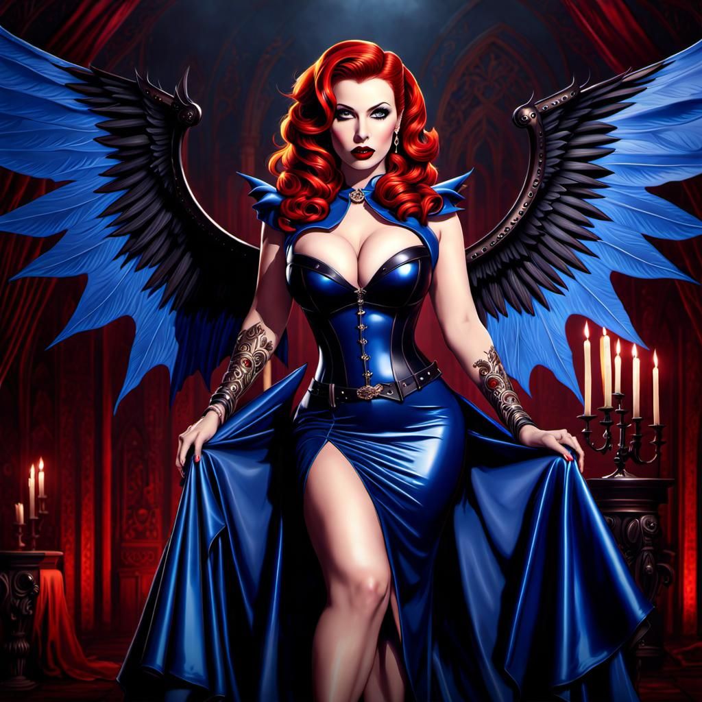 Gothic Vampire With Wings (Redhead & Navy Blue Dress)