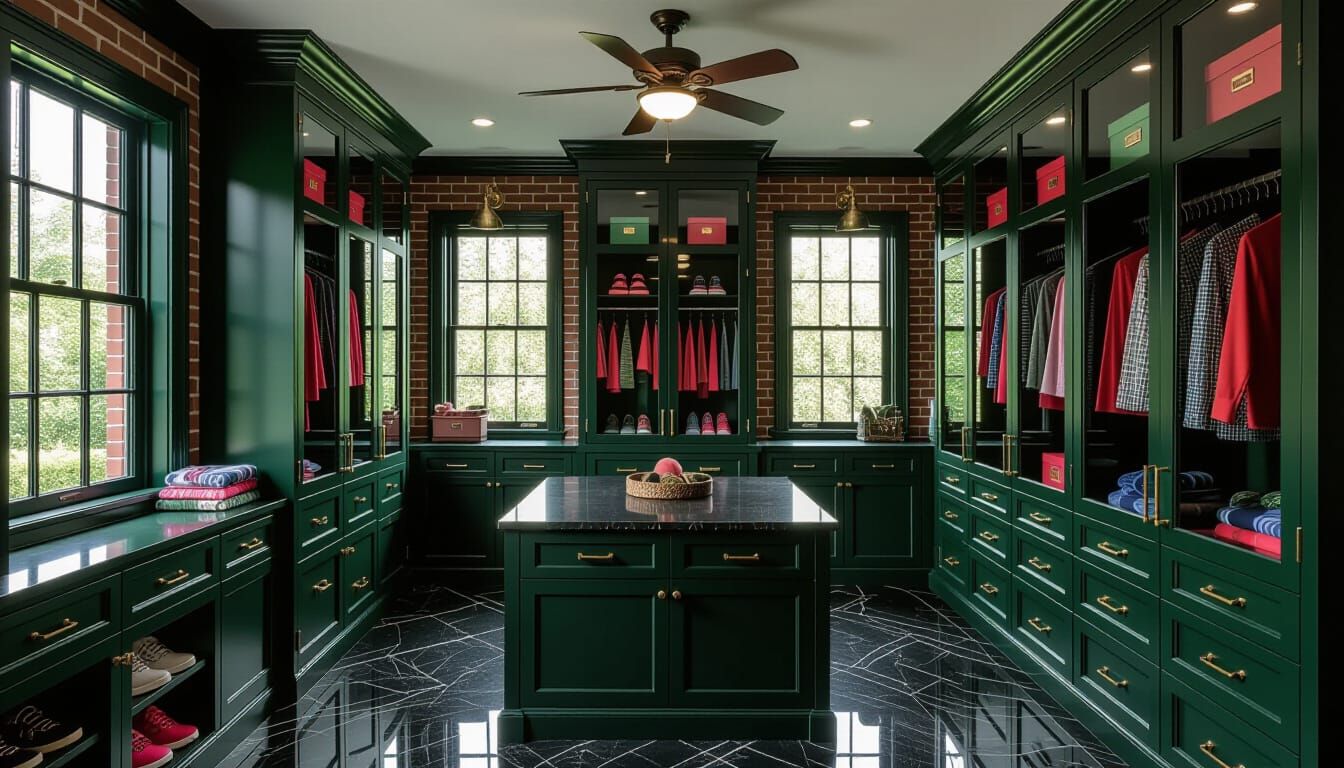Victorian Walk-In Closet with Dark Green and Brick Accents