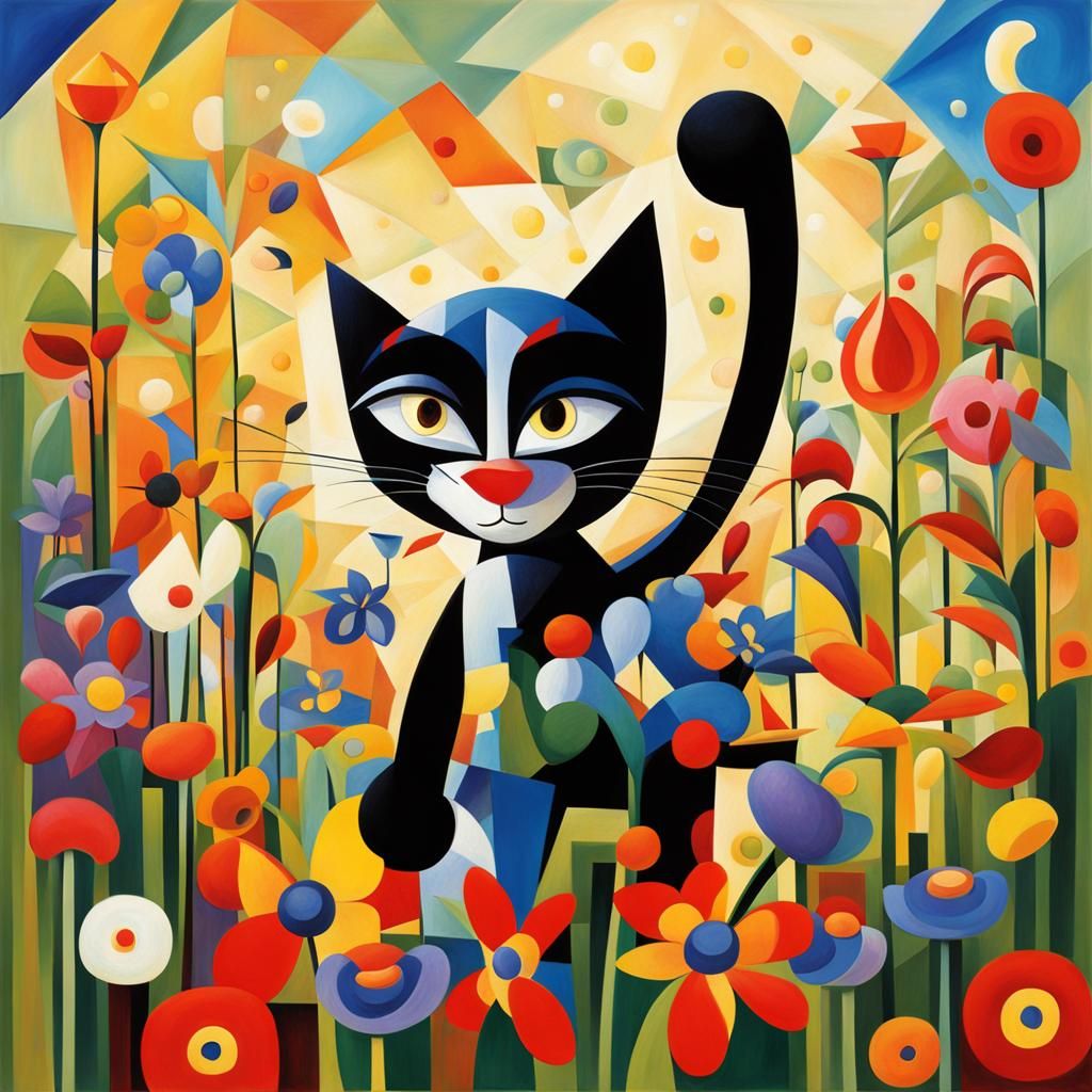 Felix the Cat in Cubist Spring Flower Garden