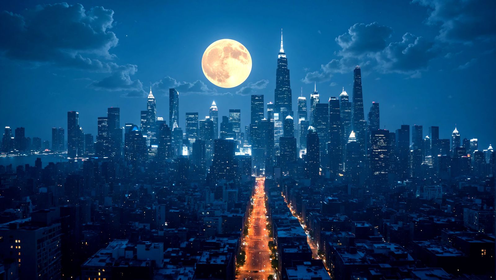 Luminous City Skyline Under a Full Moon