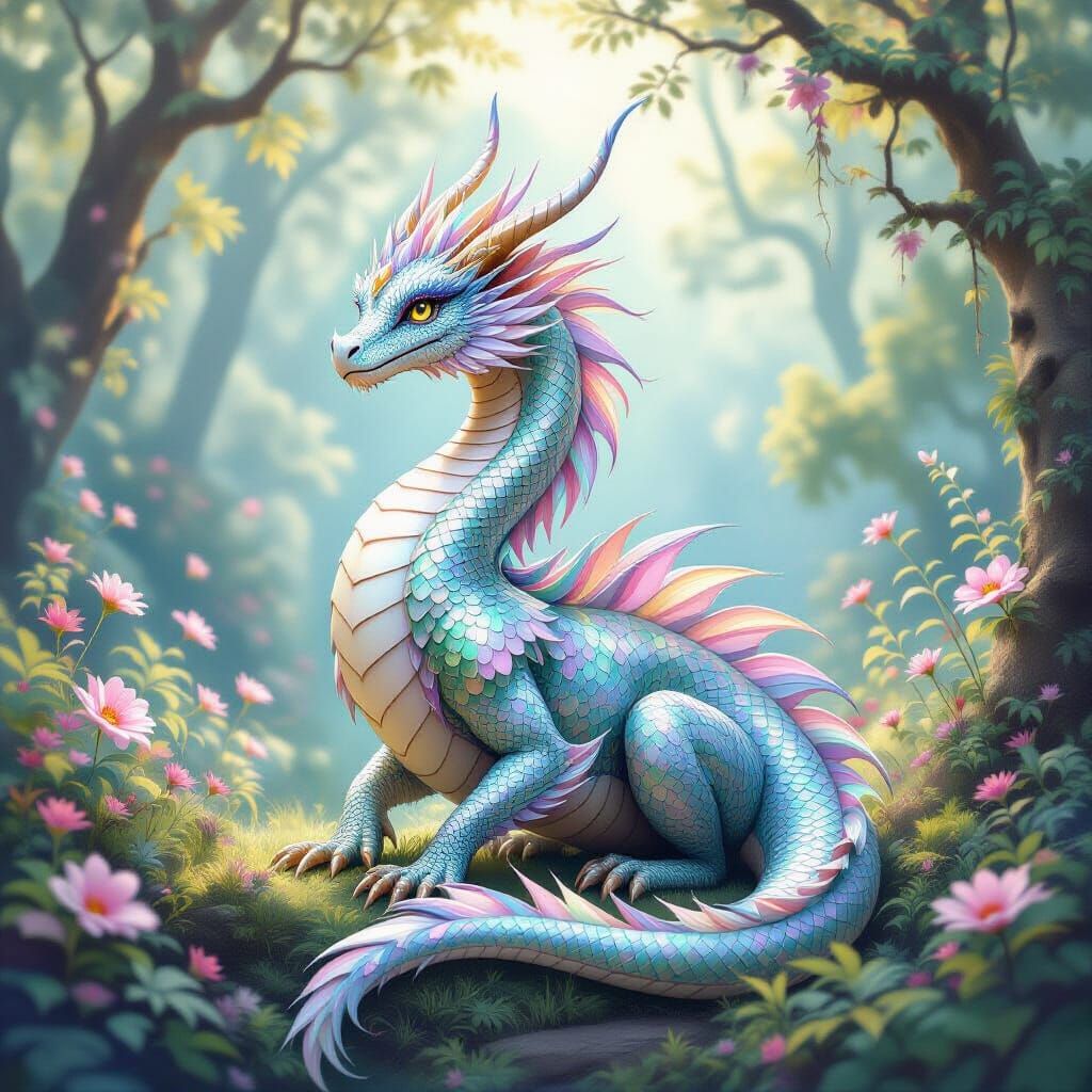Elegant Dragon in Ethereal Forest, Airbrushed Style